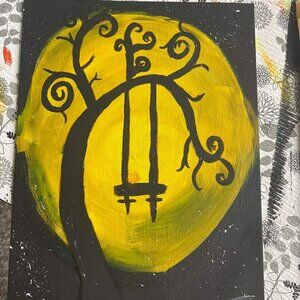 Tree n swing in front of moon painting